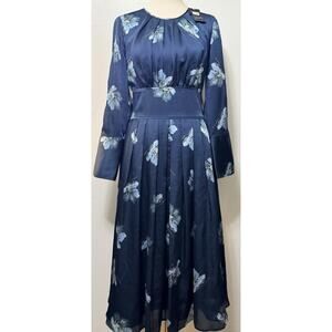 NEW Club Monaco Lined Floral Belted A-Line Dress Robe Size 2 Navy Blue NWT $298